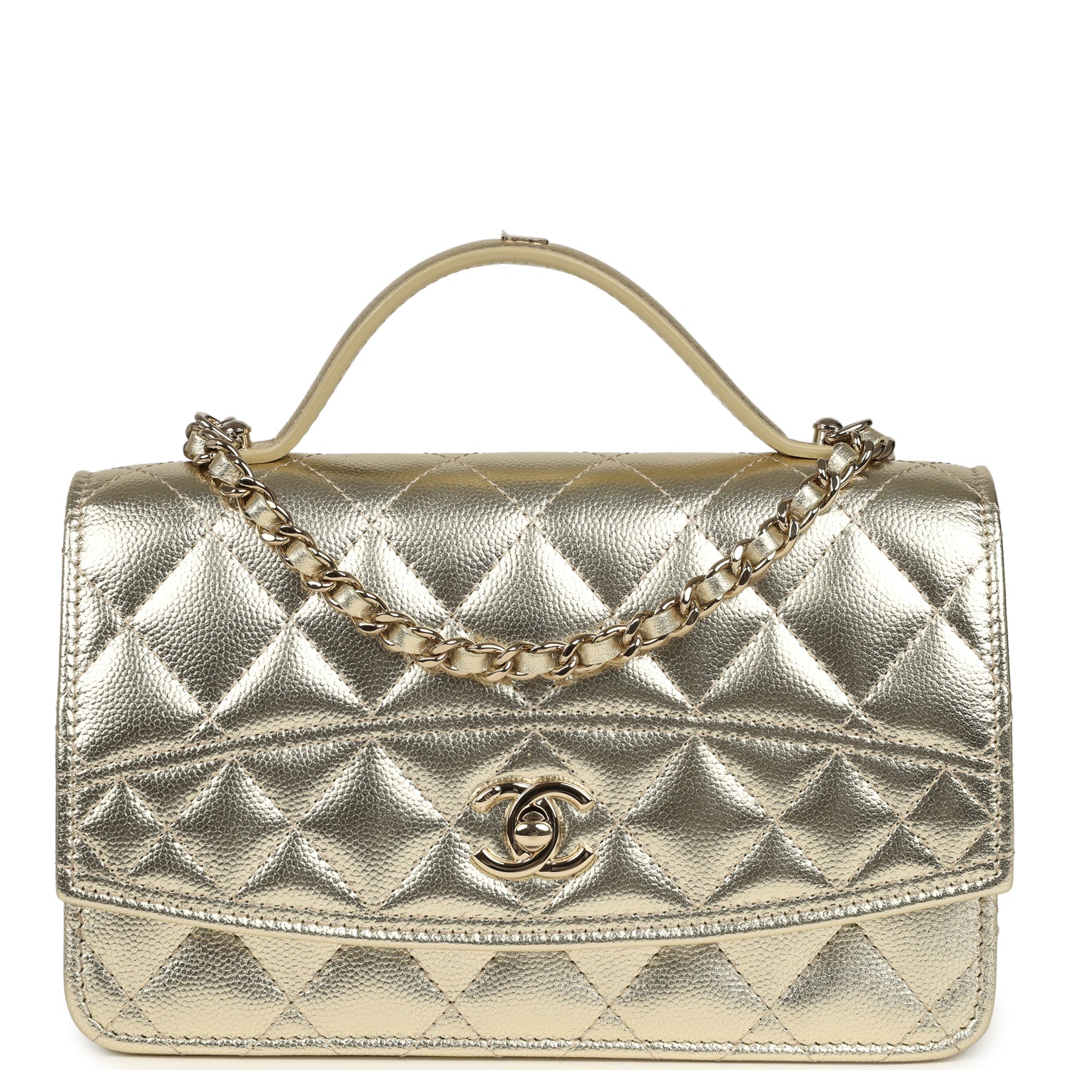 Trendy Top Handle Wallet On Chain WOC Metallic Gold Shiny Caviar Light Gold Hardware