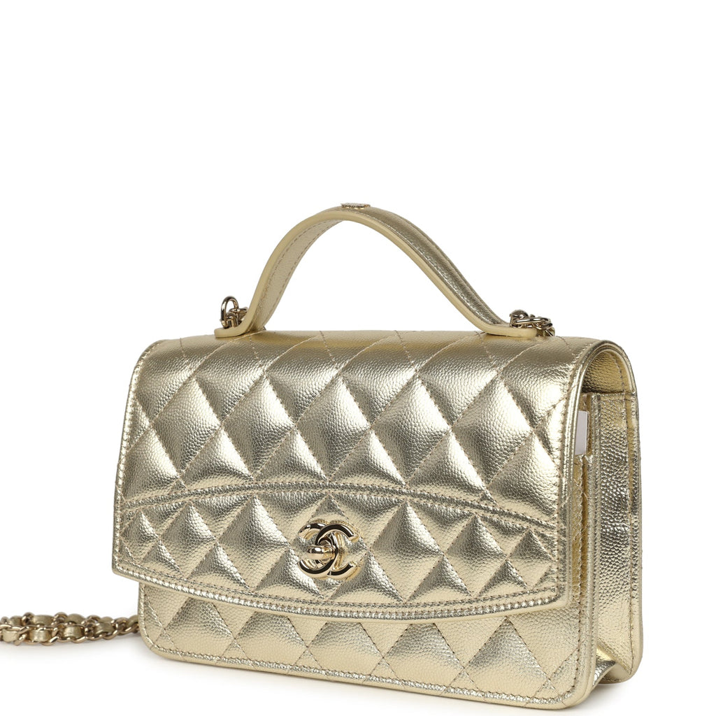 Trendy Top Handle Wallet On Chain WOC Metallic Gold Shiny Caviar Light Gold Hardware