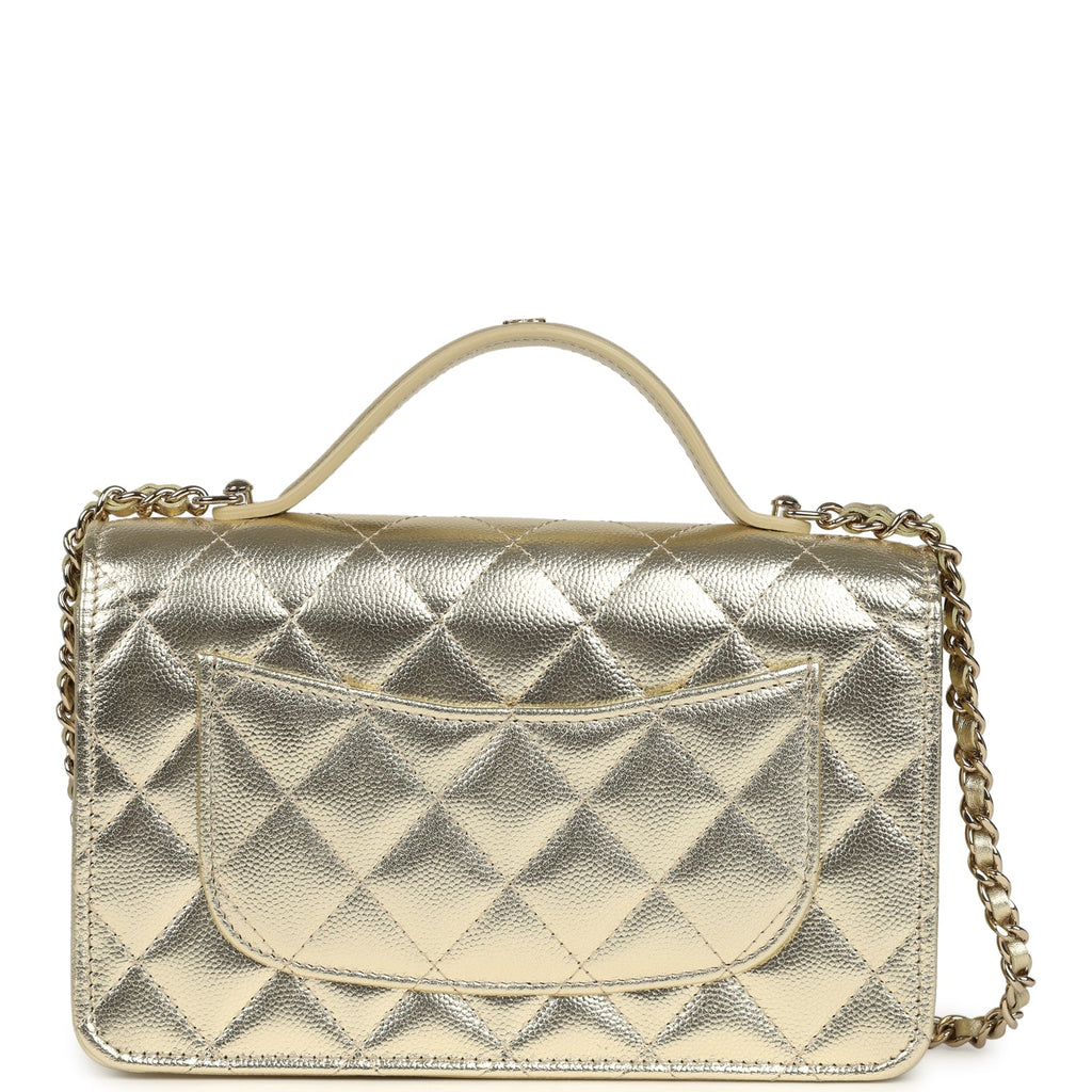 Trendy Top Handle Wallet On Chain WOC Metallic Gold Shiny Caviar Light Gold Hardware