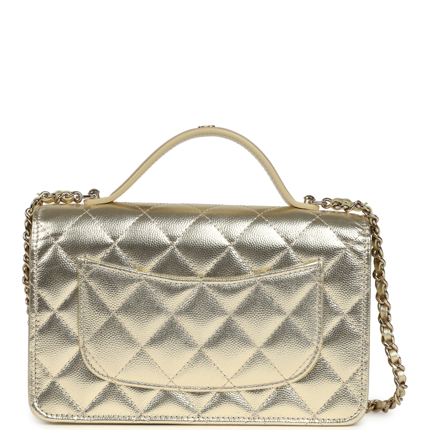 Trendy Top Handle Wallet On Chain WOC Metallic Gold Shiny Caviar Light Gold Hardware