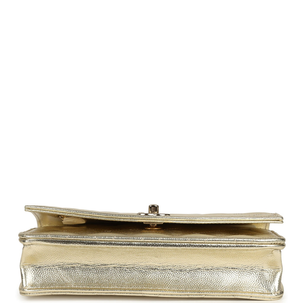 Trendy Top Handle Wallet On Chain WOC Metallic Gold Shiny Caviar Light Gold Hardware