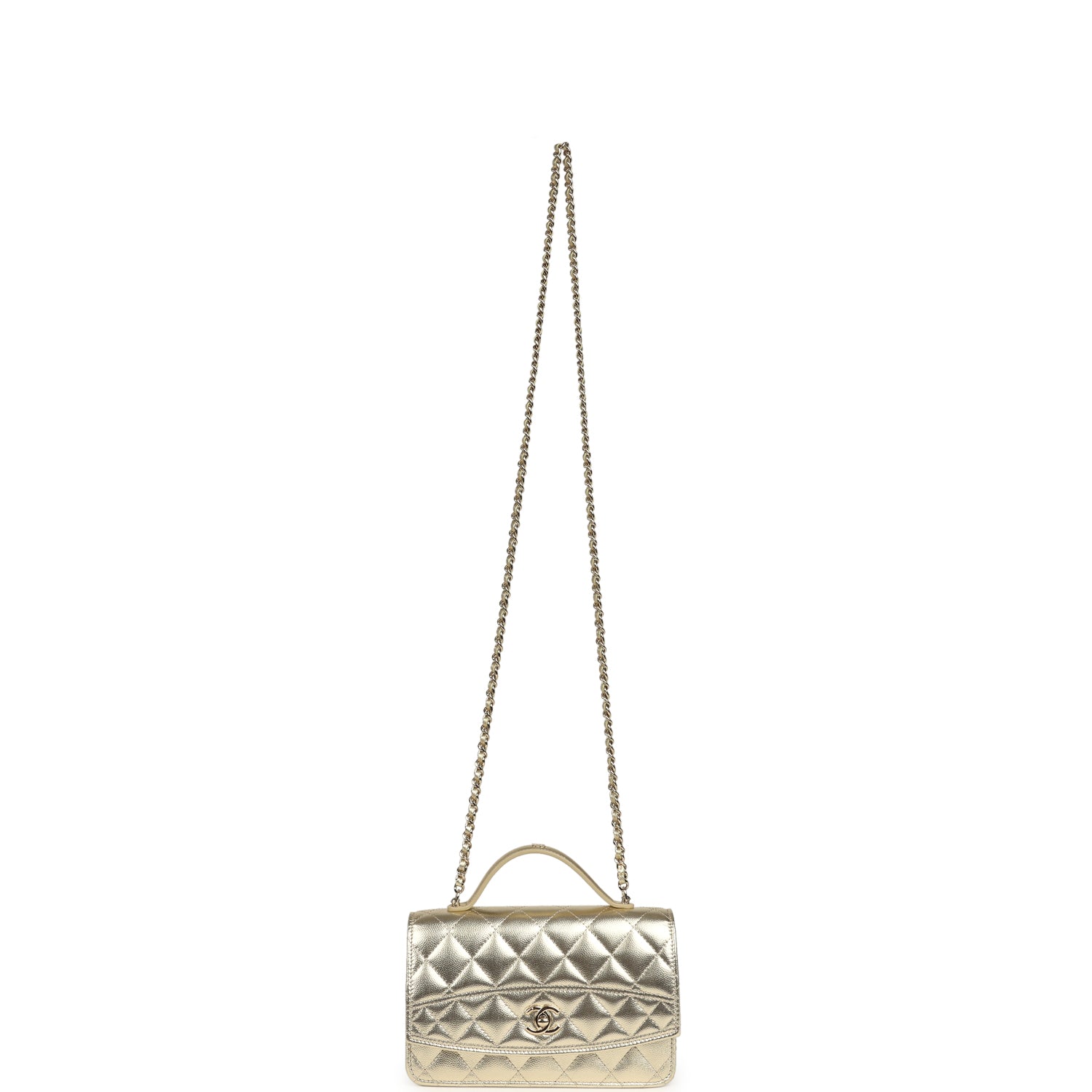 Trendy Top Handle Wallet On Chain WOC Metallic Gold Shiny Caviar Light Gold Hardware