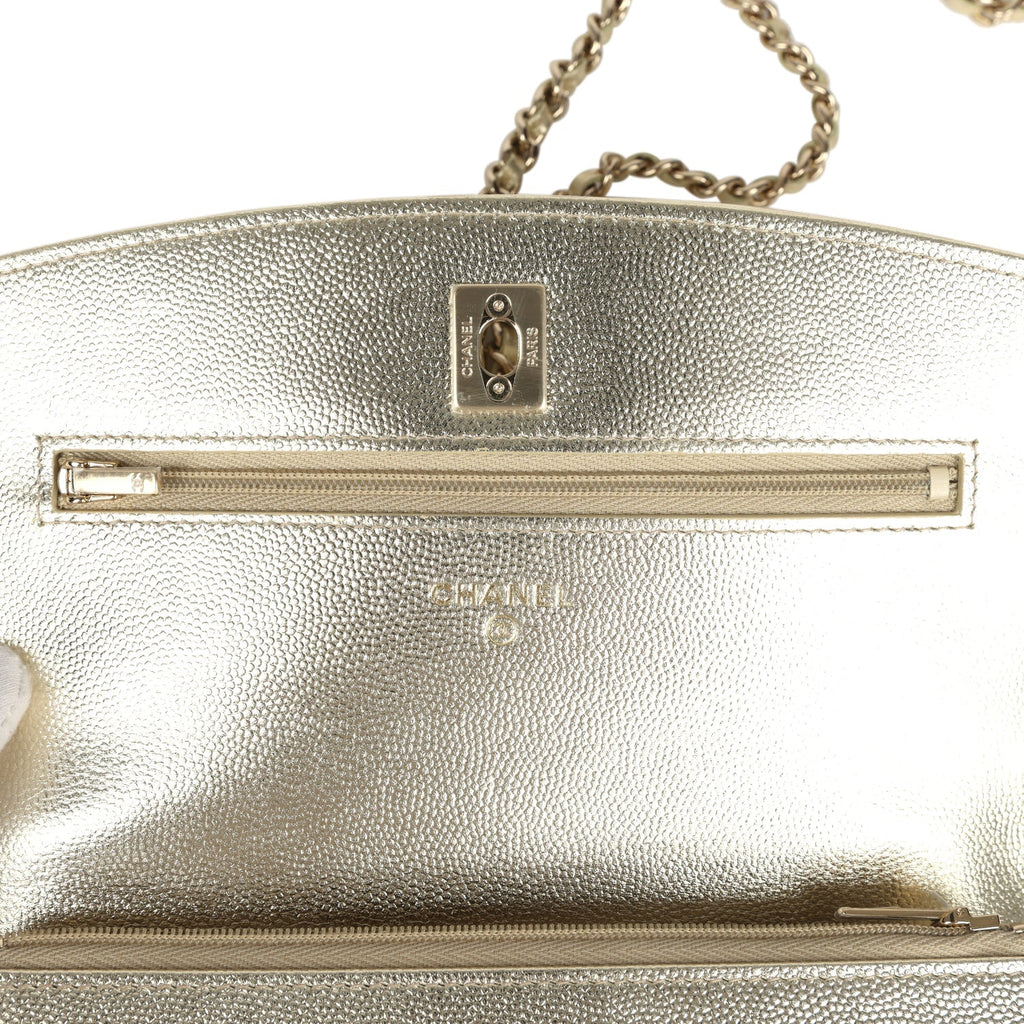 Trendy Top Handle Wallet On Chain WOC Metallic Gold Shiny Caviar Light Gold Hardware