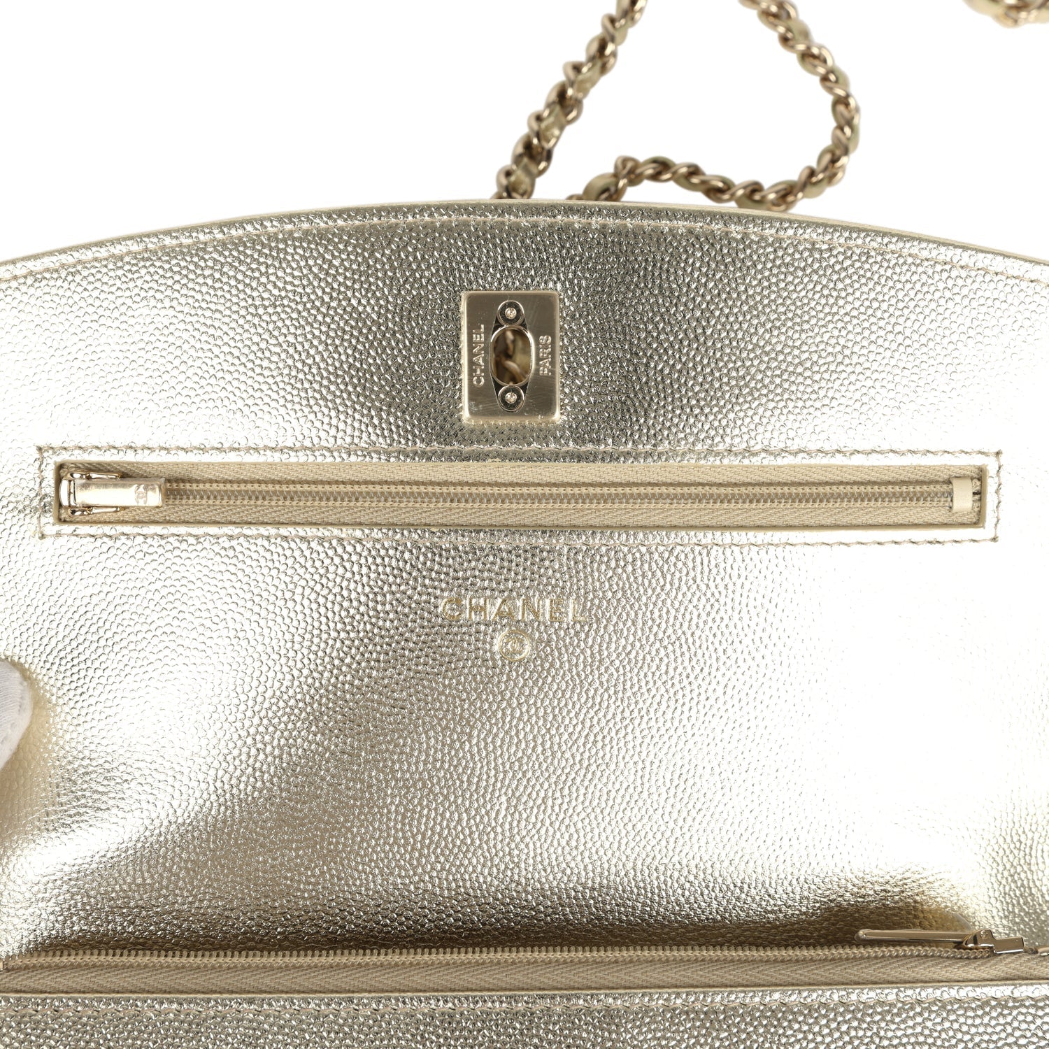 Trendy Top Handle Wallet On Chain WOC Metallic Gold Shiny Caviar Light Gold Hardware