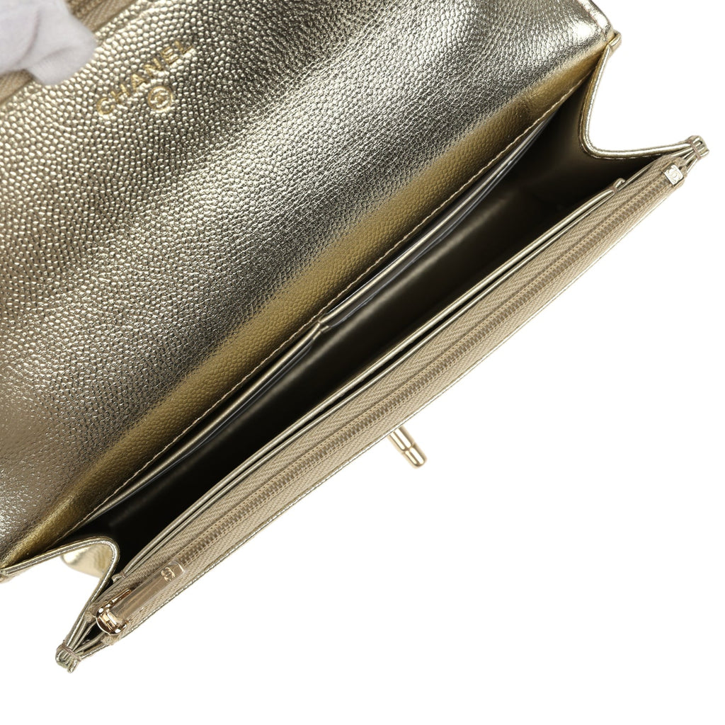 Trendy Top Handle Wallet On Chain WOC Metallic Gold Shiny Caviar Light Gold Hardware