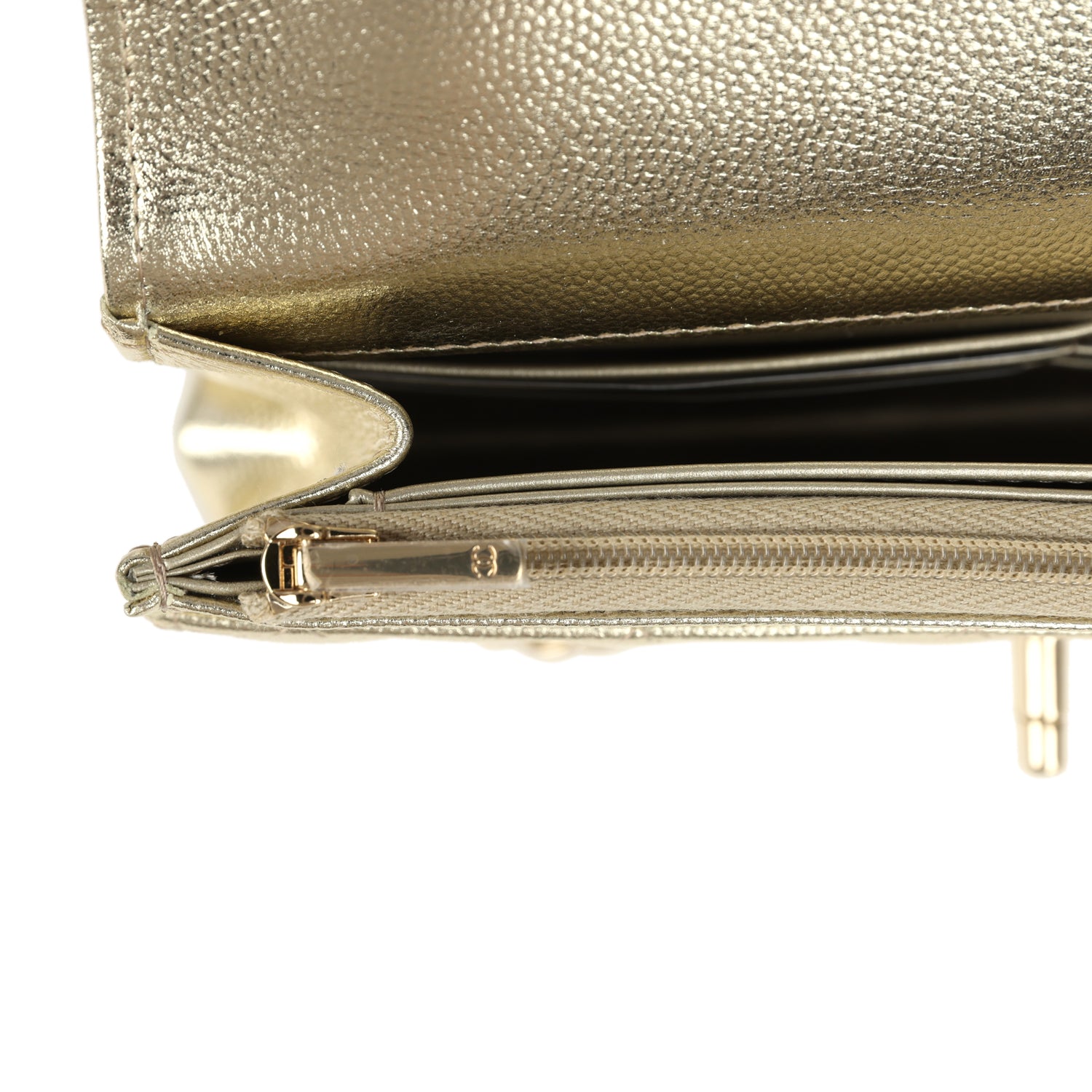 Trendy Top Handle Wallet On Chain WOC Metallic Gold Shiny Caviar Light Gold Hardware