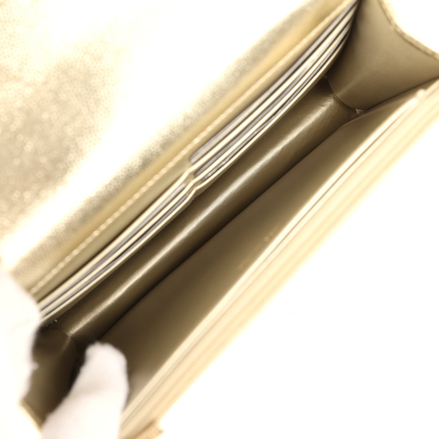 Trendy Top Handle Wallet On Chain WOC Metallic Gold Shiny Caviar Light Gold Hardware