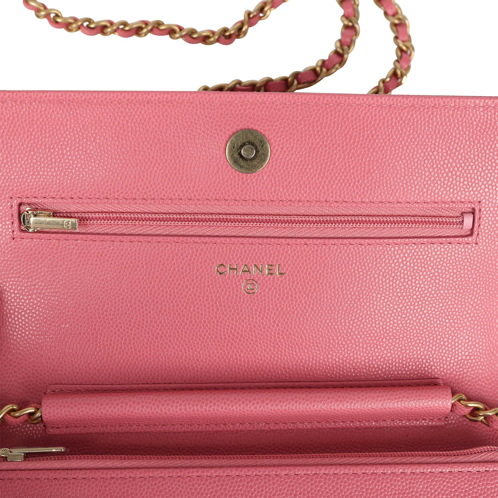 Classic Wallet On Chain WOC Pink Caviar Brushed Gold Hardware