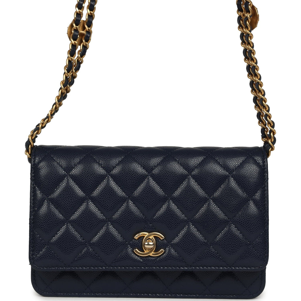 "Twist Your Buttons" Wallet On Chain WOC Navy Blue Shiny Caviar Antique Gold Hardware