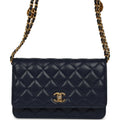 "Twist Your Buttons" Wallet On Chain WOC Navy Blue Shiny Caviar Antique Gold Hardware