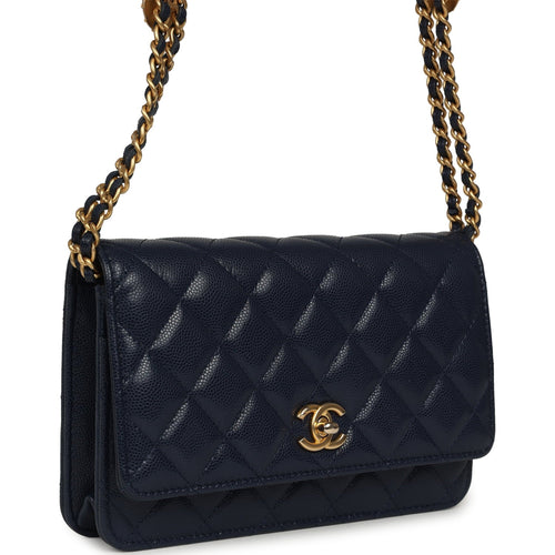 "Twist Your Buttons" Wallet On Chain WOC Navy Blue Shiny Caviar Antique Gold Hardware