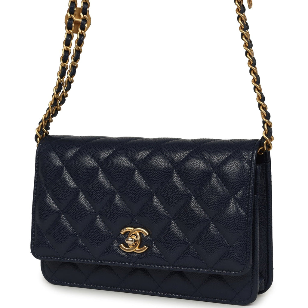 "Twist Your Buttons" Wallet On Chain WOC Navy Blue Shiny Caviar Antique Gold Hardware