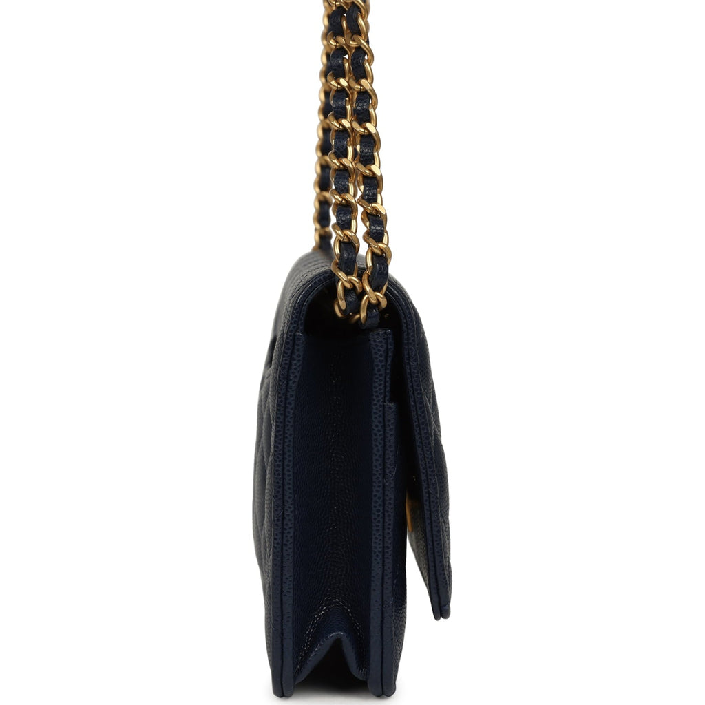 "Twist Your Buttons" Wallet On Chain WOC Navy Blue Shiny Caviar Antique Gold Hardware