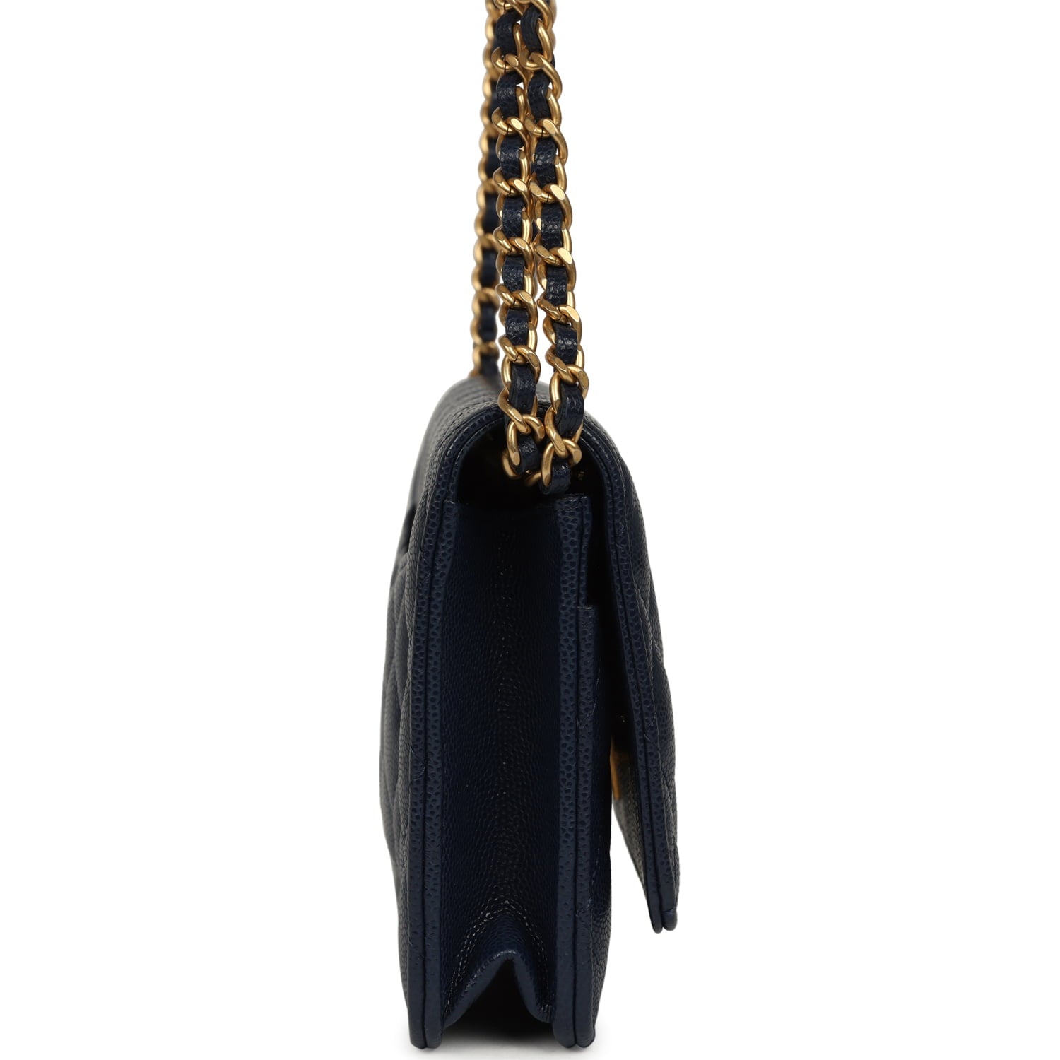 "Twist Your Buttons" Wallet On Chain WOC Navy Blue Shiny Caviar Antique Gold Hardware