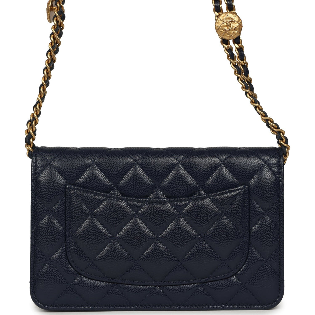 "Twist Your Buttons" Wallet On Chain WOC Navy Blue Shiny Caviar Antique Gold Hardware
