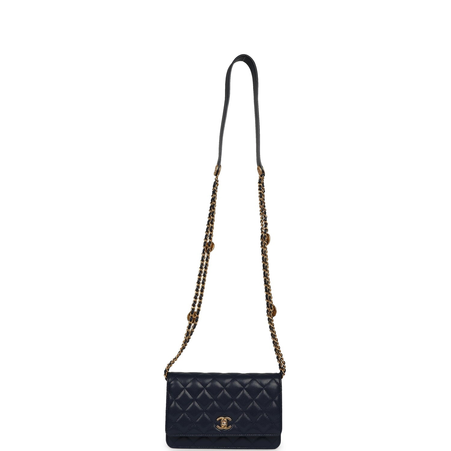 "Twist Your Buttons" Wallet On Chain WOC Navy Blue Shiny Caviar Antique Gold Hardware