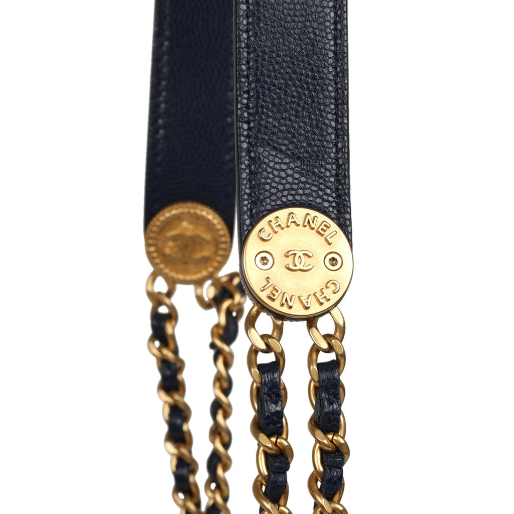 "Twist Your Buttons" Wallet On Chain WOC Navy Blue Shiny Caviar Antique Gold Hardware