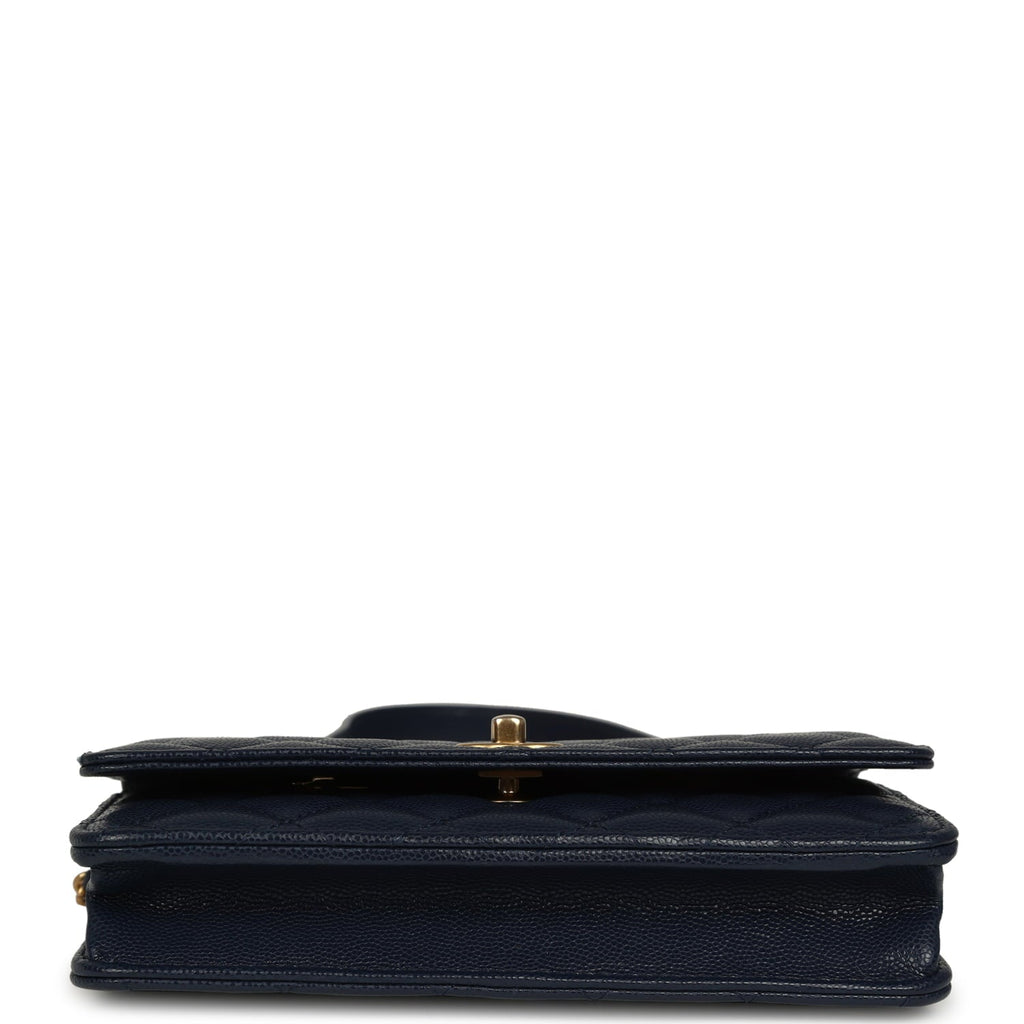 "Twist Your Buttons" Wallet On Chain WOC Navy Blue Shiny Caviar Antique Gold Hardware