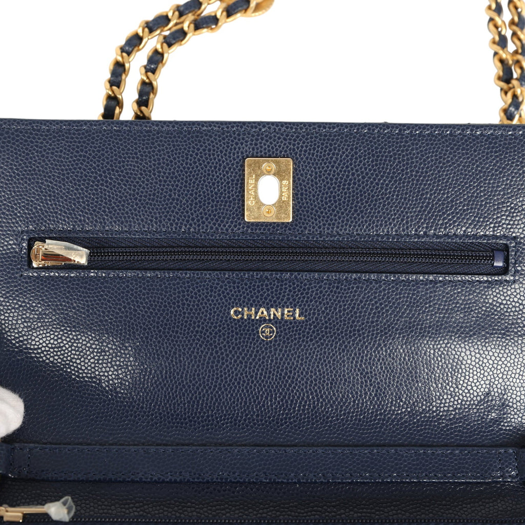 "Twist Your Buttons" Wallet On Chain WOC Navy Blue Shiny Caviar Antique Gold Hardware