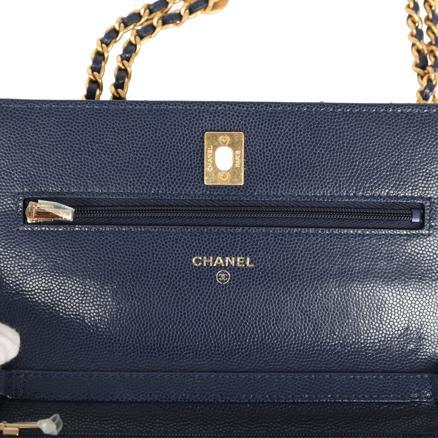 "Twist Your Buttons" Wallet On Chain WOC Navy Blue Shiny Caviar Antique Gold Hardware