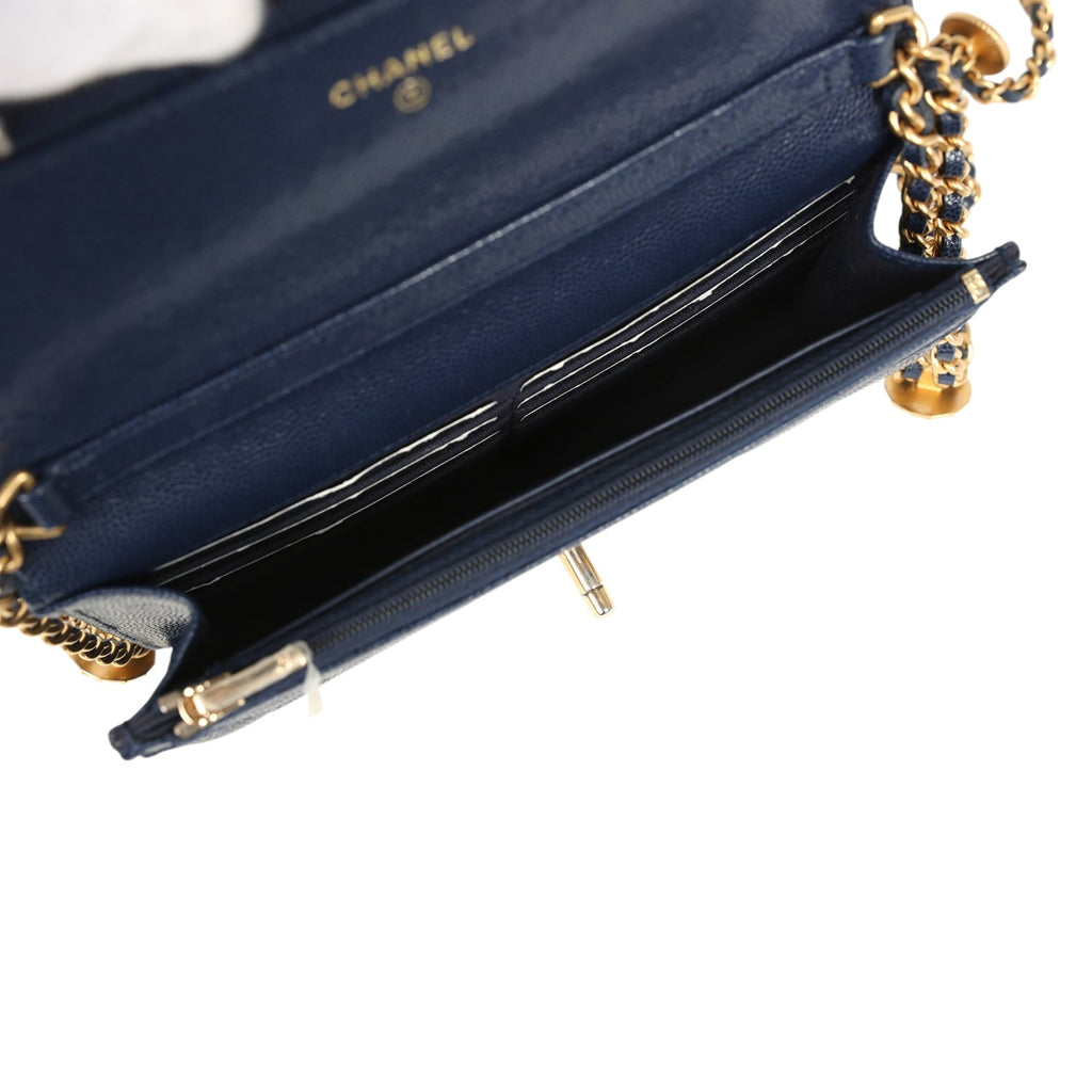 "Twist Your Buttons" Wallet On Chain WOC Navy Blue Shiny Caviar Antique Gold Hardware