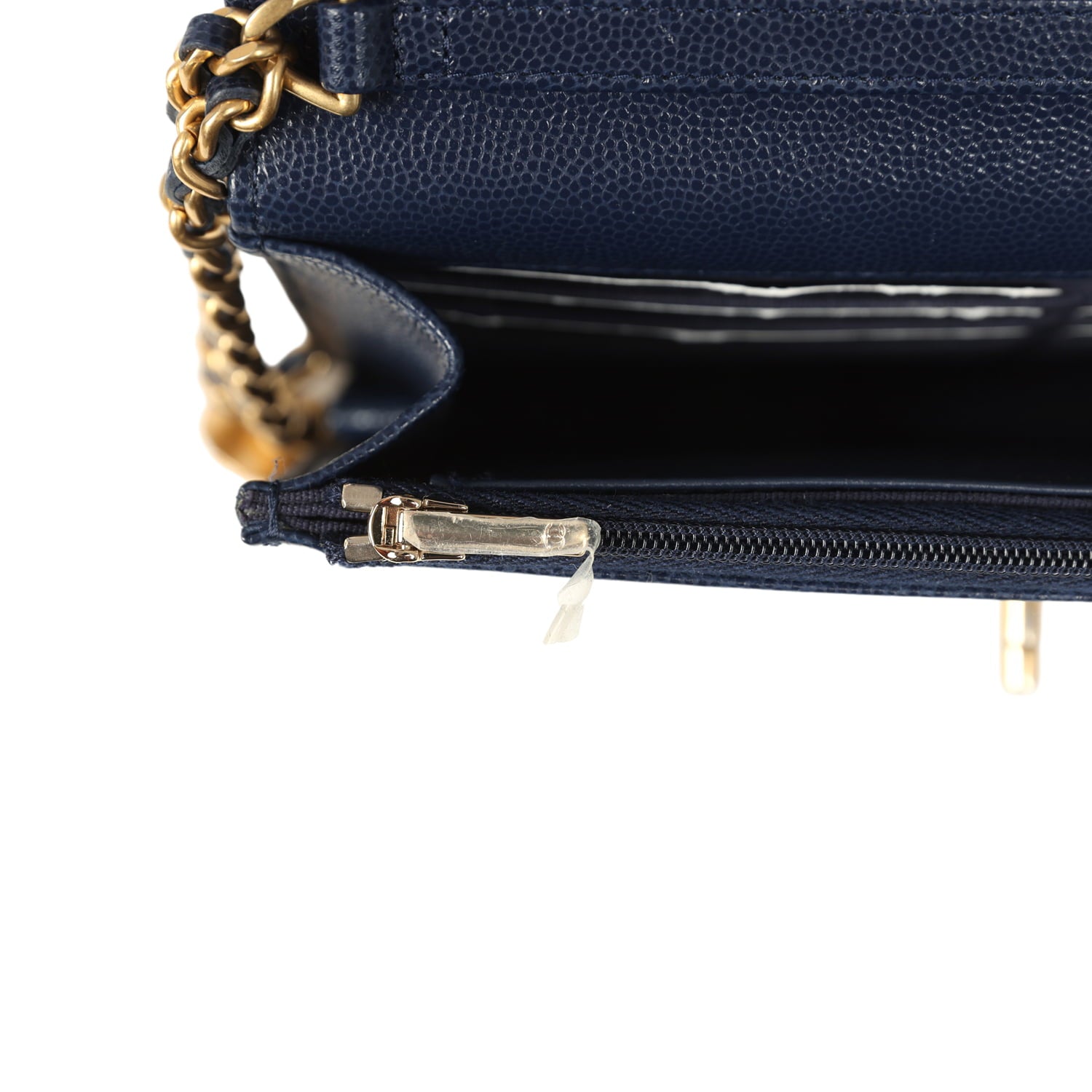 "Twist Your Buttons" Wallet On Chain WOC Navy Blue Shiny Caviar Antique Gold Hardware