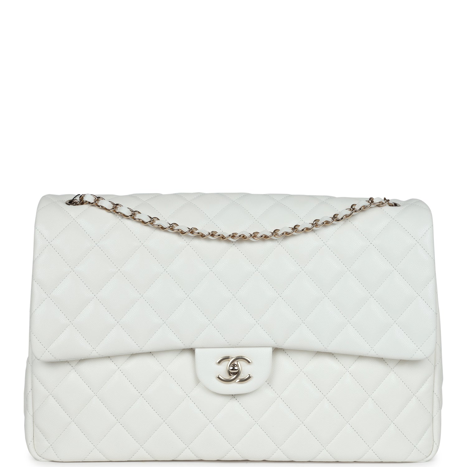 XXL Classic Single Flap Bag White Shiny Caviar Light Gold Hardware