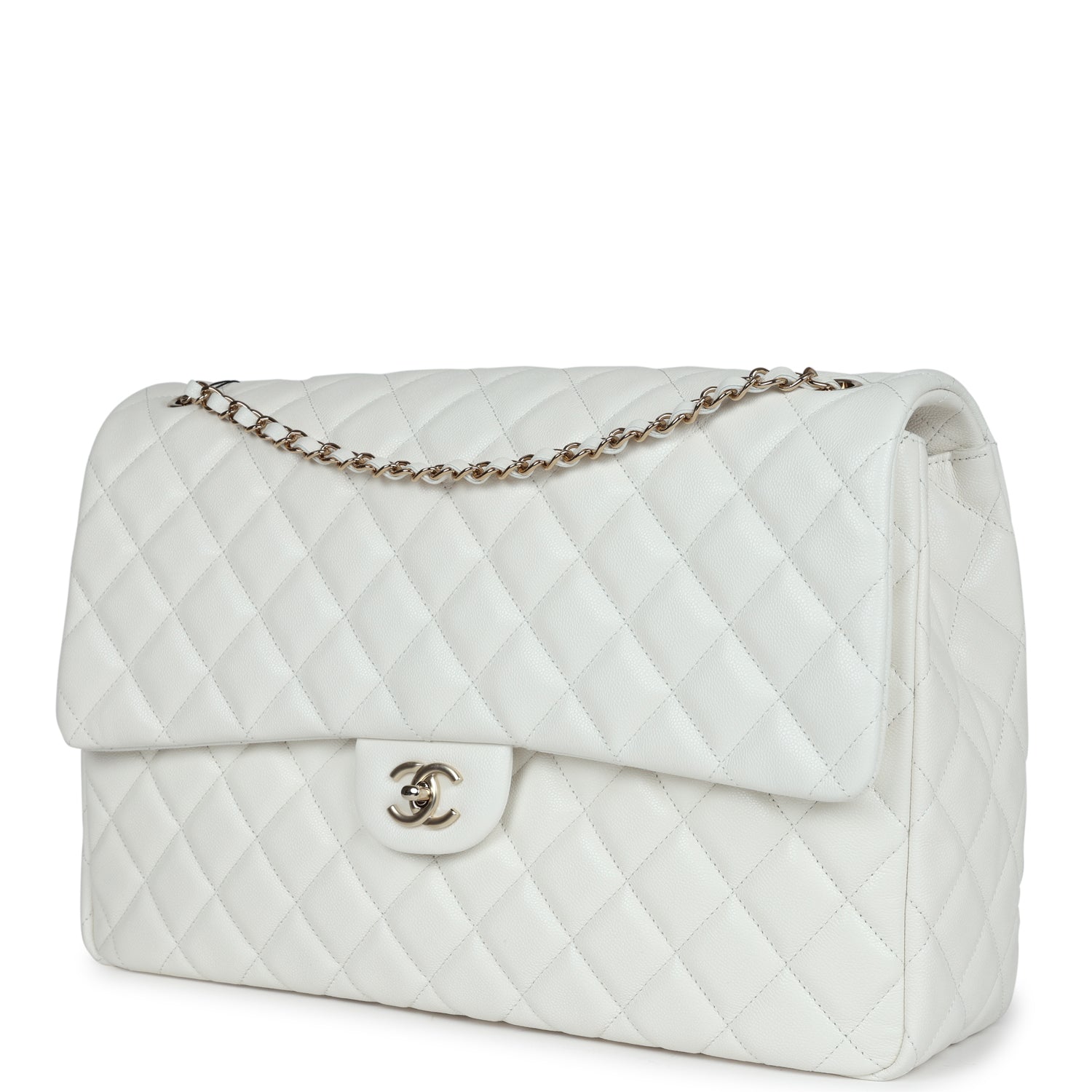 XXL Classic Single Flap Bag White Shiny Caviar Light Gold Hardware