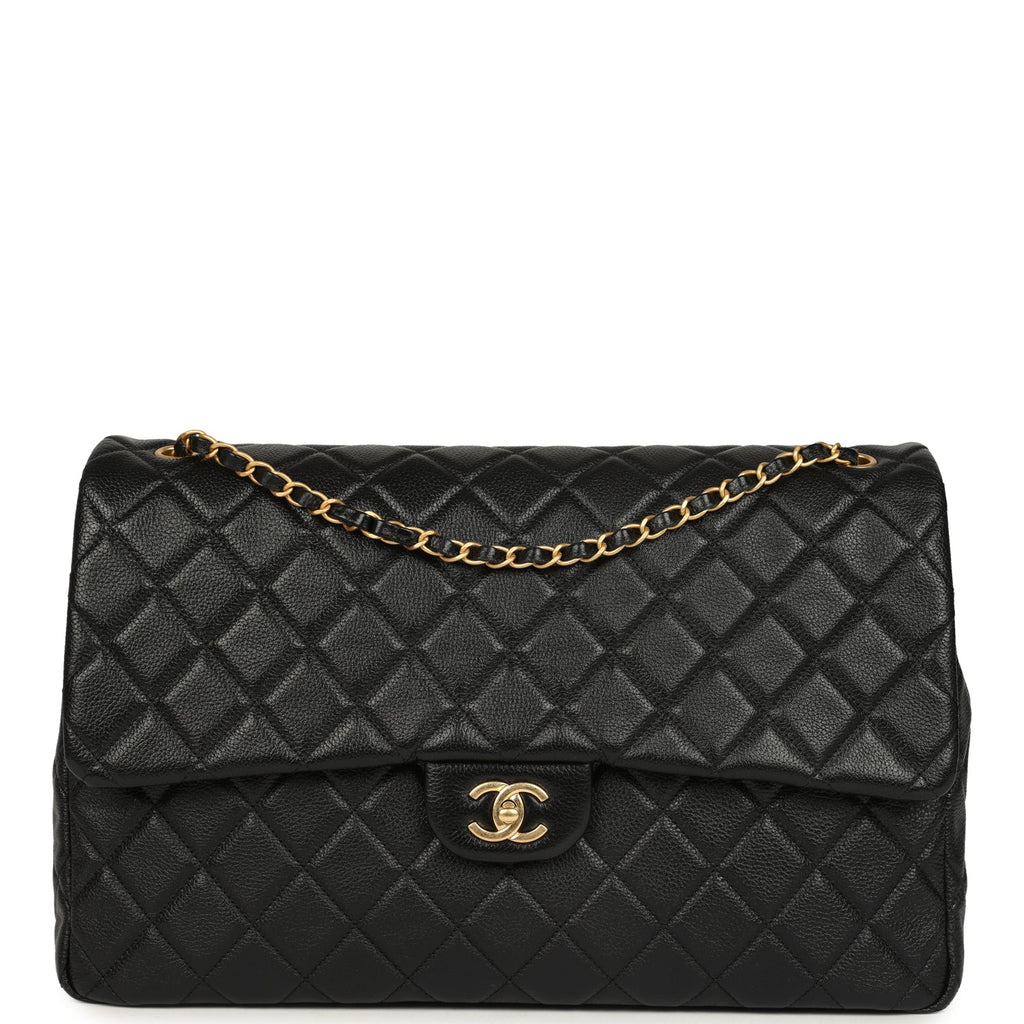 XXL Classic Single Travel Flap Bag Black Shiny Aged Calfskin Brushed Gold Hardware