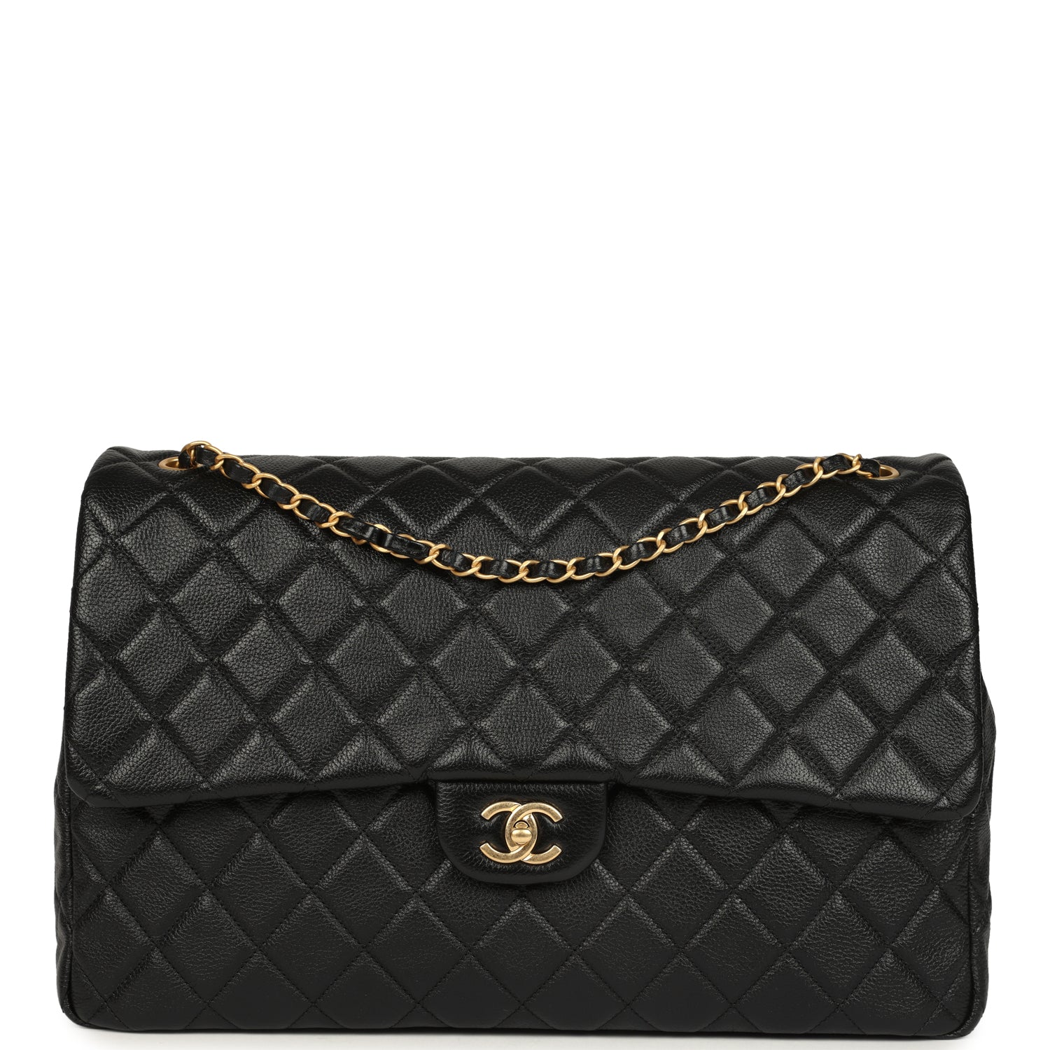 XXL Classic Single Travel Flap Bag Black Shiny Aged Calfskin Brushed Gold Hardware