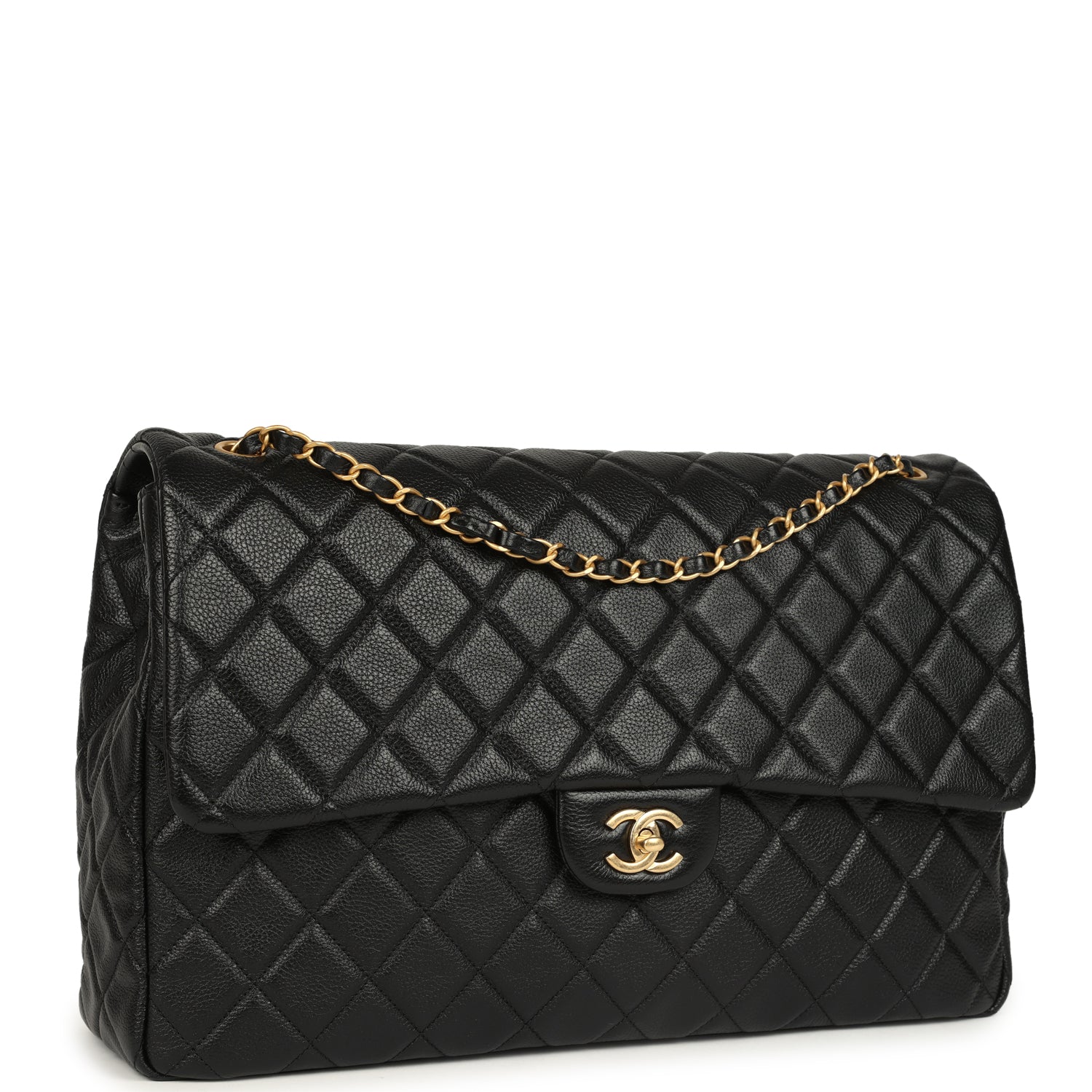 XXL Classic Single Travel Flap Bag Black Shiny Aged Calfskin Brushed Gold Hardware