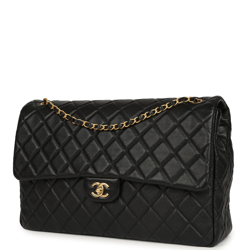 XXL Classic Single Travel Flap Bag Black Shiny Aged Calfskin Brushed Gold Hardware