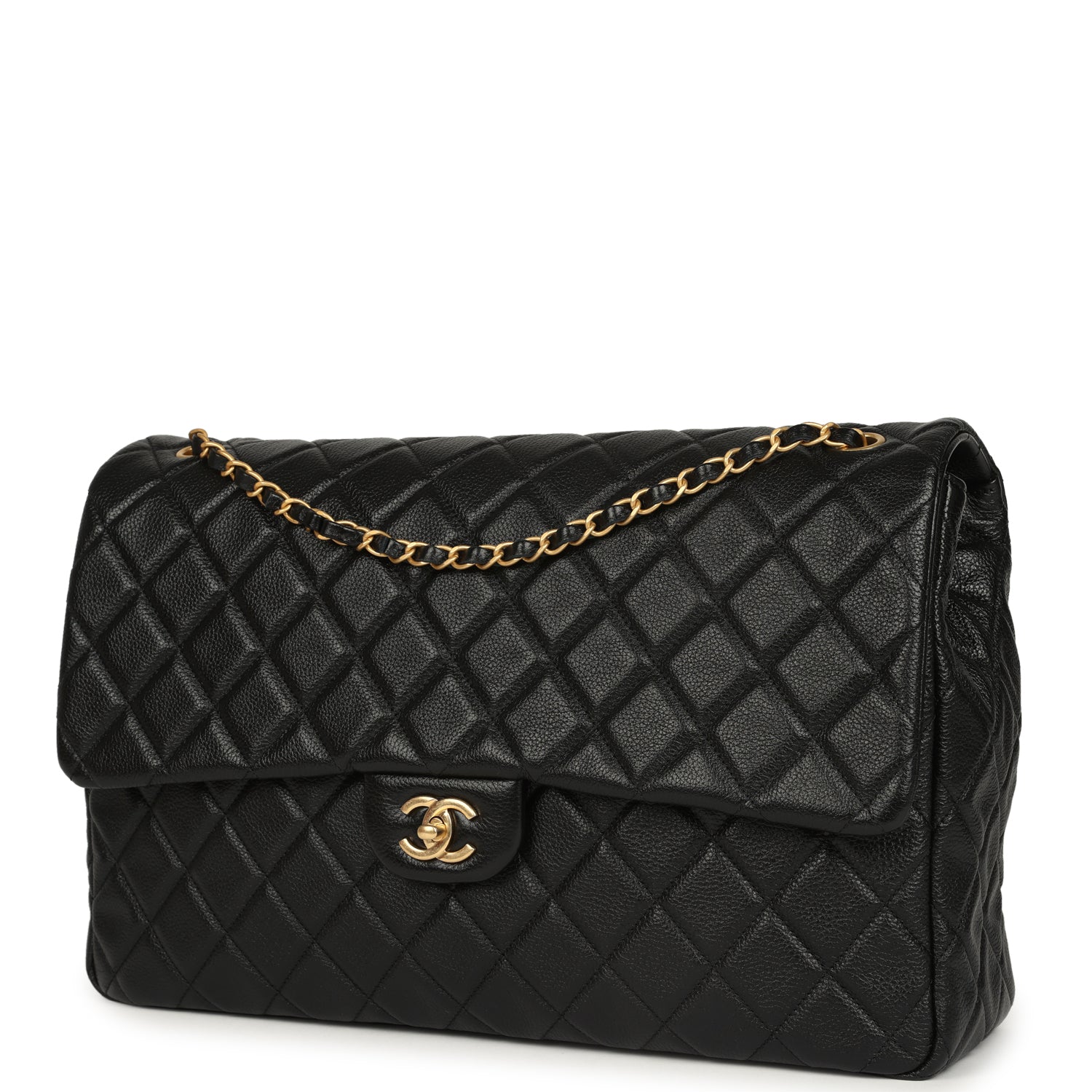 XXL Classic Single Travel Flap Bag Black Shiny Aged Calfskin Brushed Gold Hardware