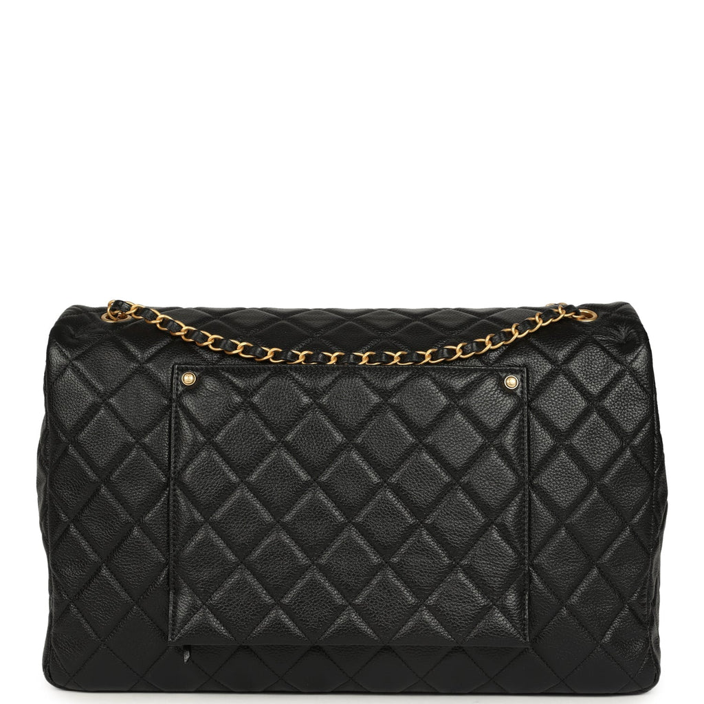 XXL Classic Single Travel Flap Bag Black Shiny Aged Calfskin Brushed Gold Hardware
