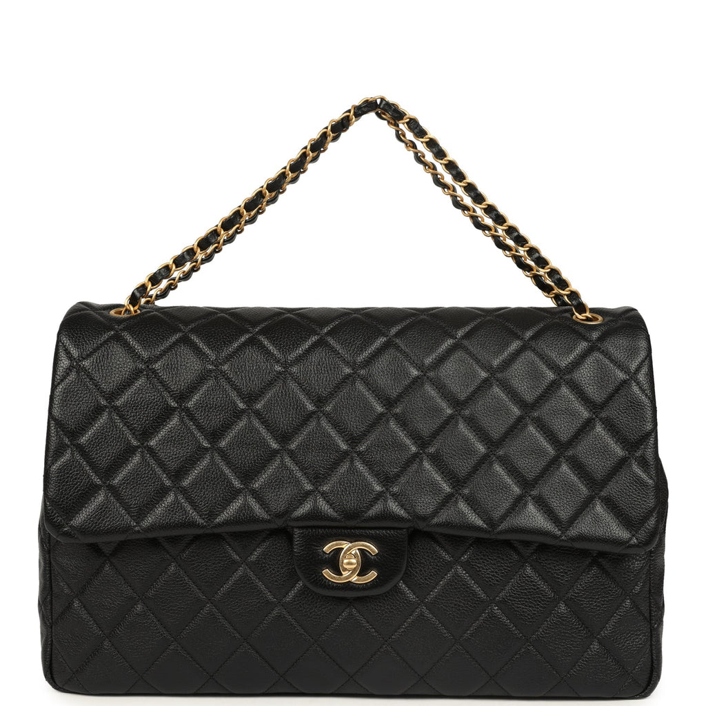 XXL Classic Single Travel Flap Bag Black Shiny Aged Calfskin Brushed Gold Hardware