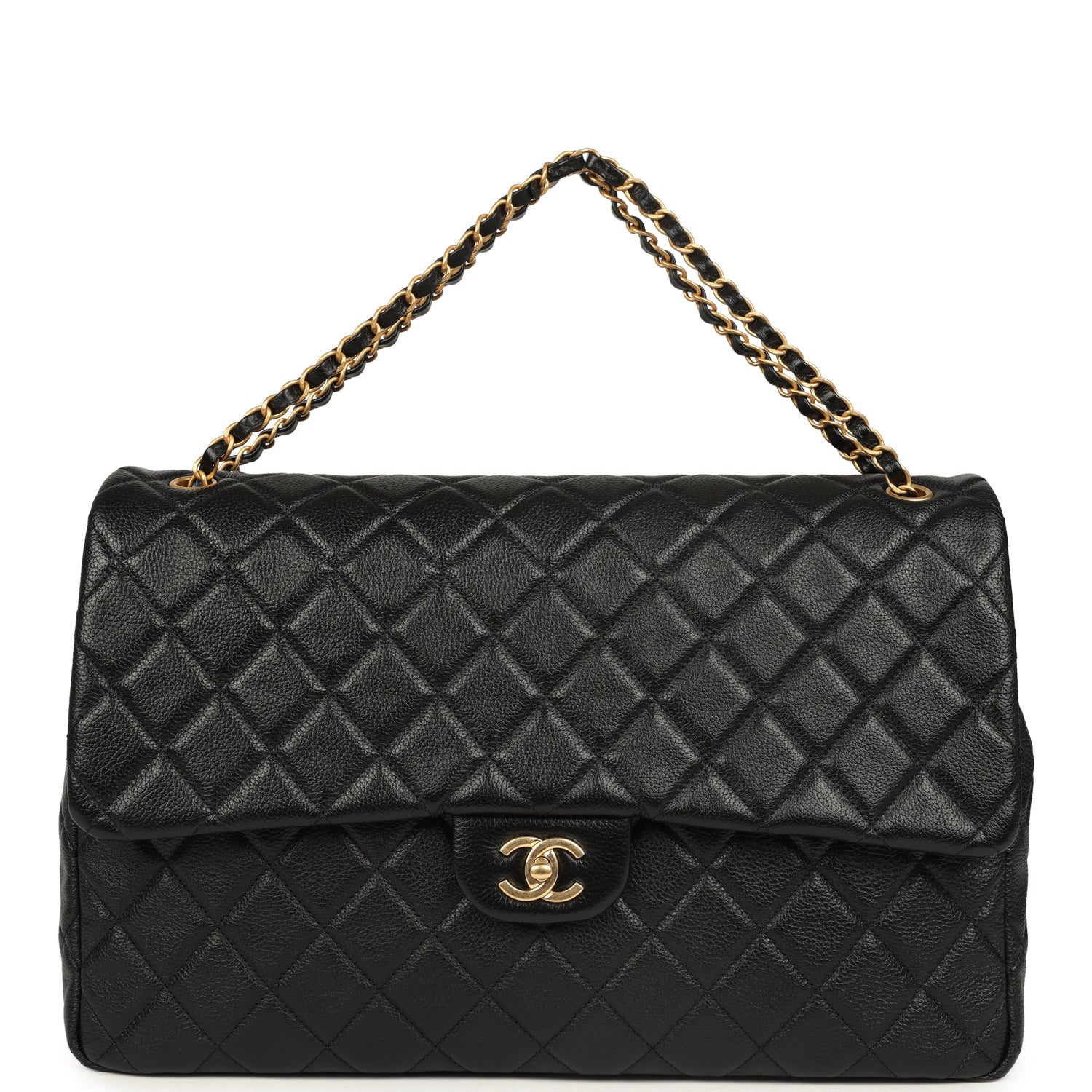 XXL Classic Single Travel Flap Bag Black Shiny Aged Calfskin Brushed Gold Hardware