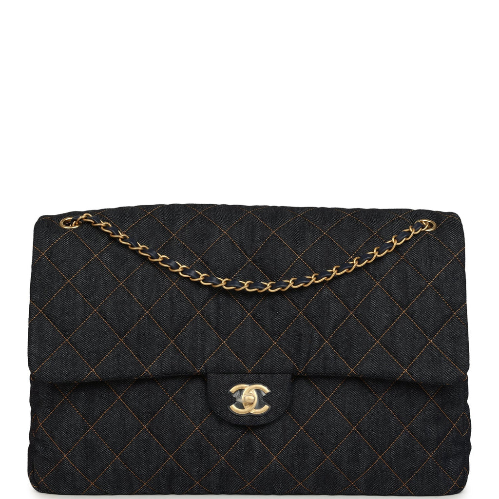 XXL Classic Single Travel Flap Bag Dark Blue Denim Brushed Gold Hardware