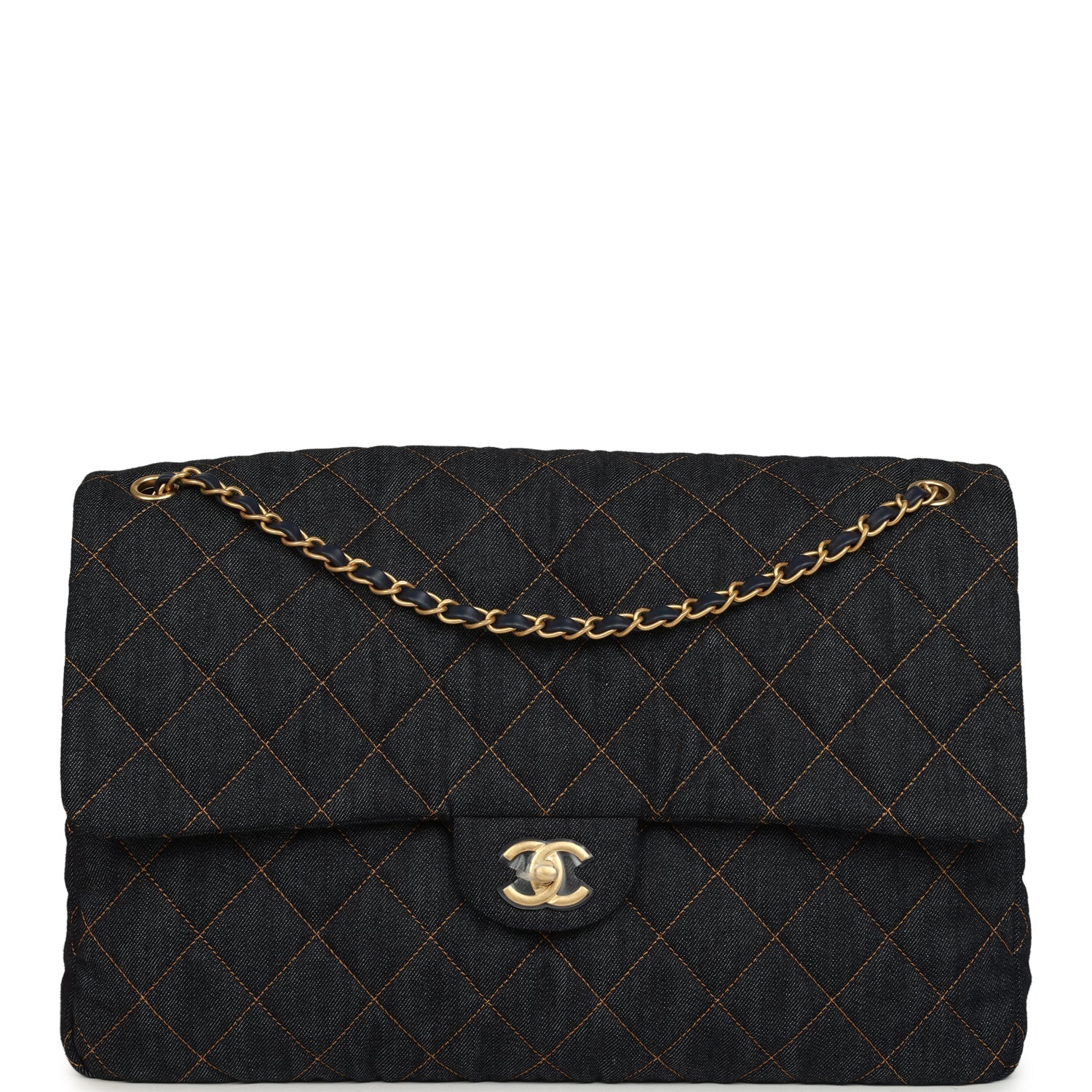 XXL Classic Single Travel Flap Bag Dark Blue Denim Brushed Gold Hardware