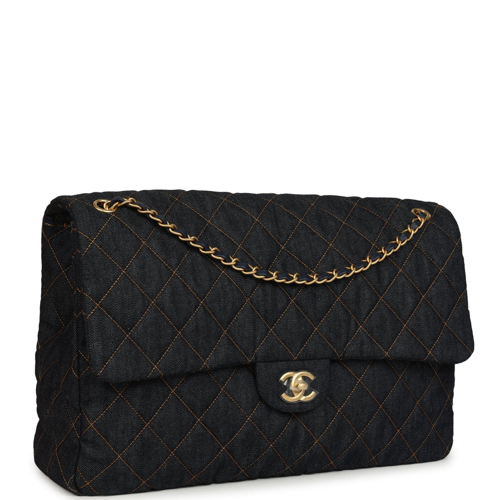 XXL Classic Single Travel Flap Bag Dark Blue Denim Brushed Gold Hardware