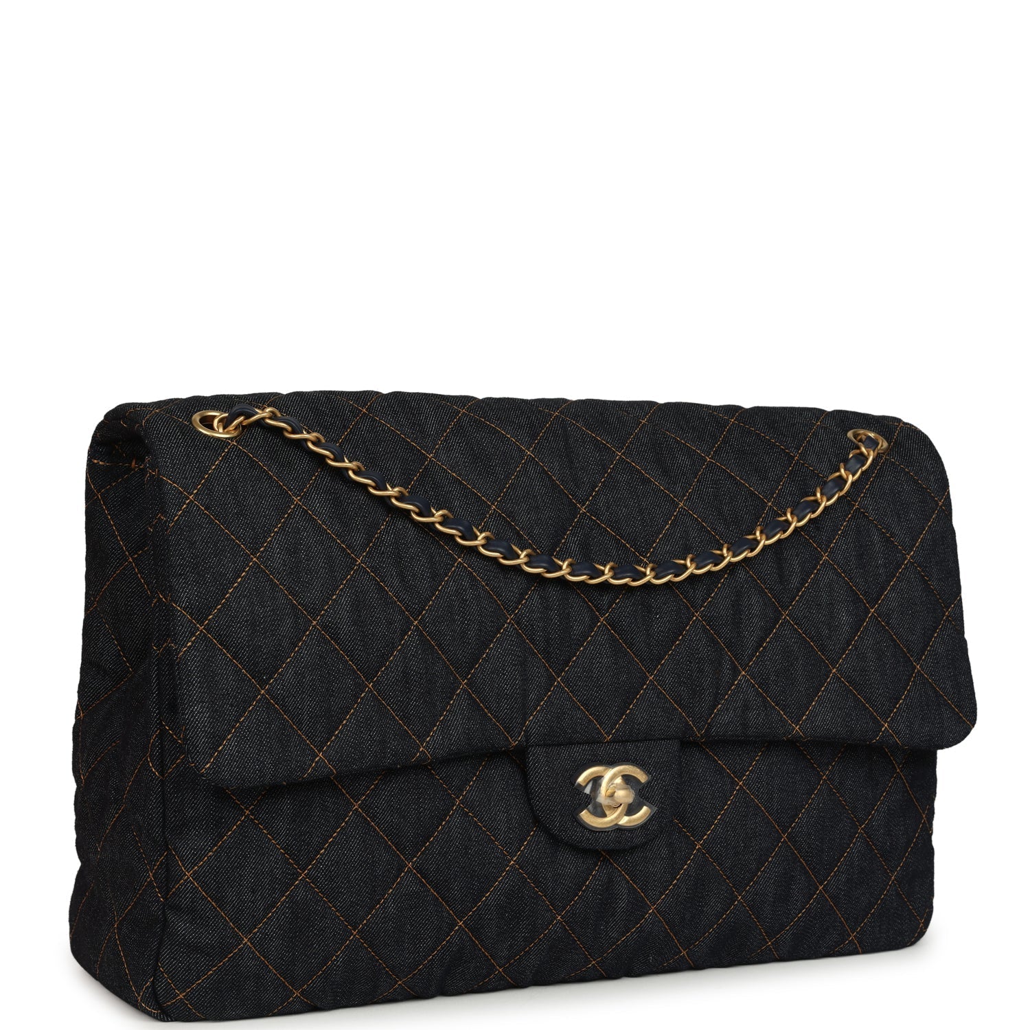 XXL Classic Single Travel Flap Bag Dark Blue Denim Brushed Gold Hardware