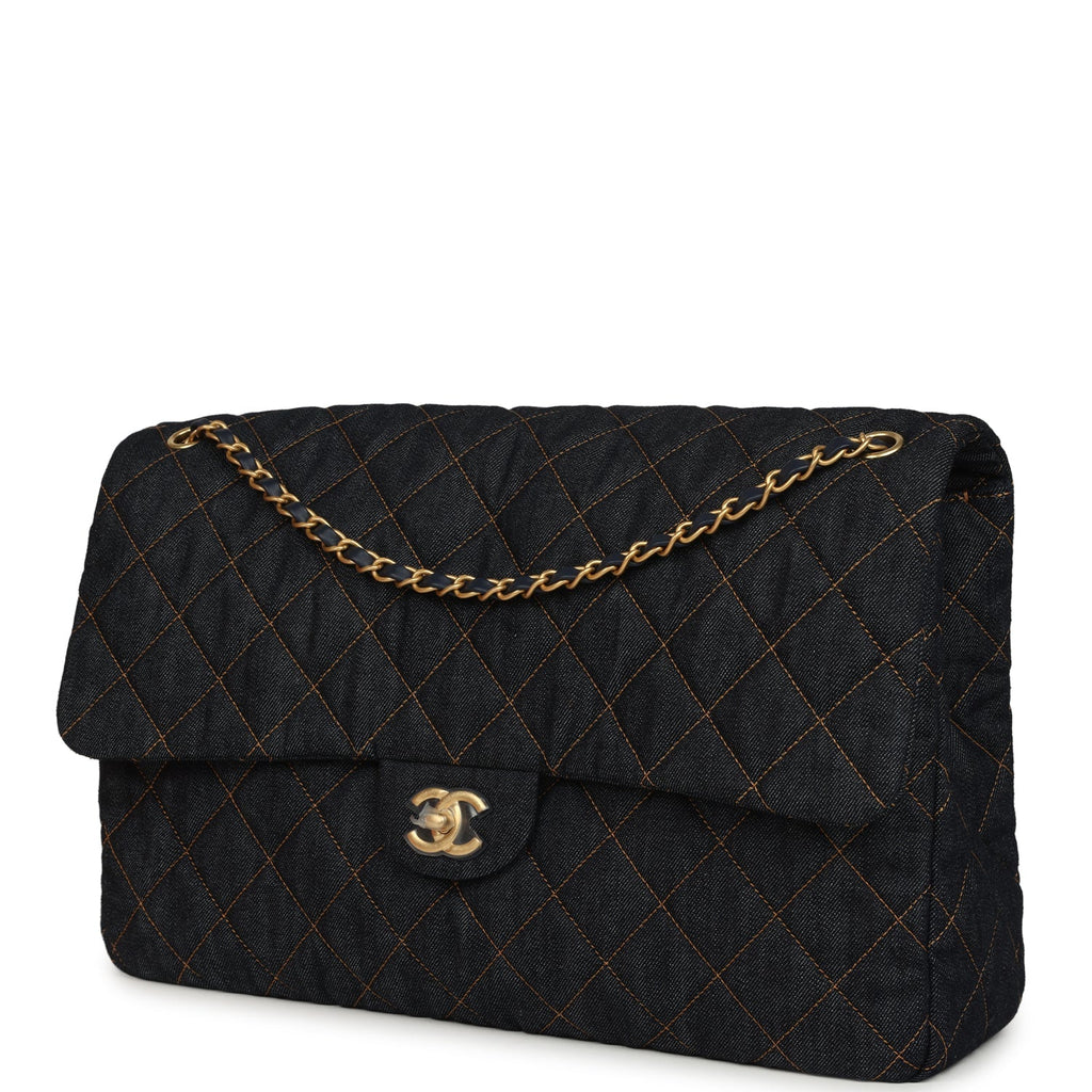 XXL Classic Single Travel Flap Bag Dark Blue Denim Brushed Gold Hardware