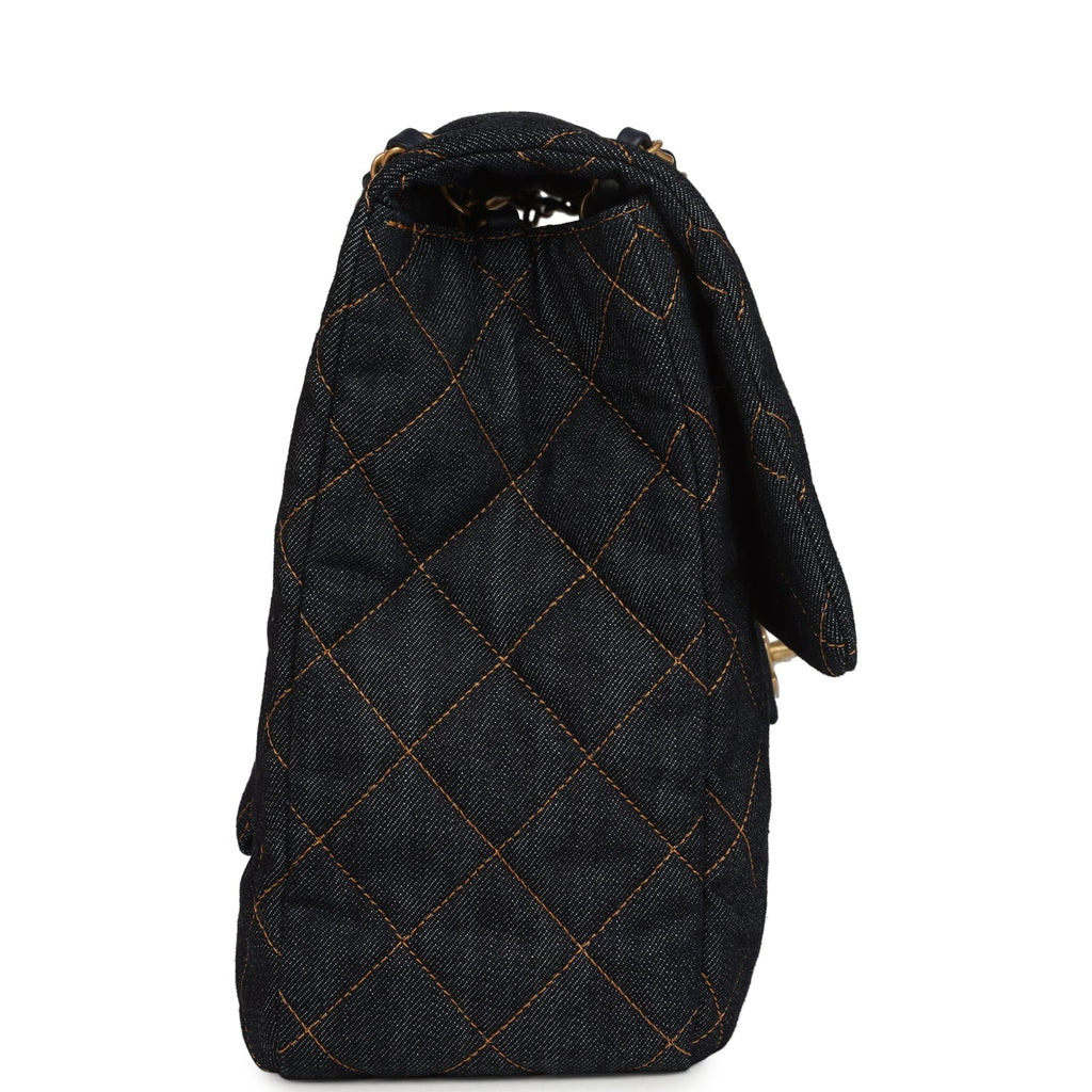 XXL Classic Single Travel Flap Bag Dark Blue Denim Brushed Gold Hardware