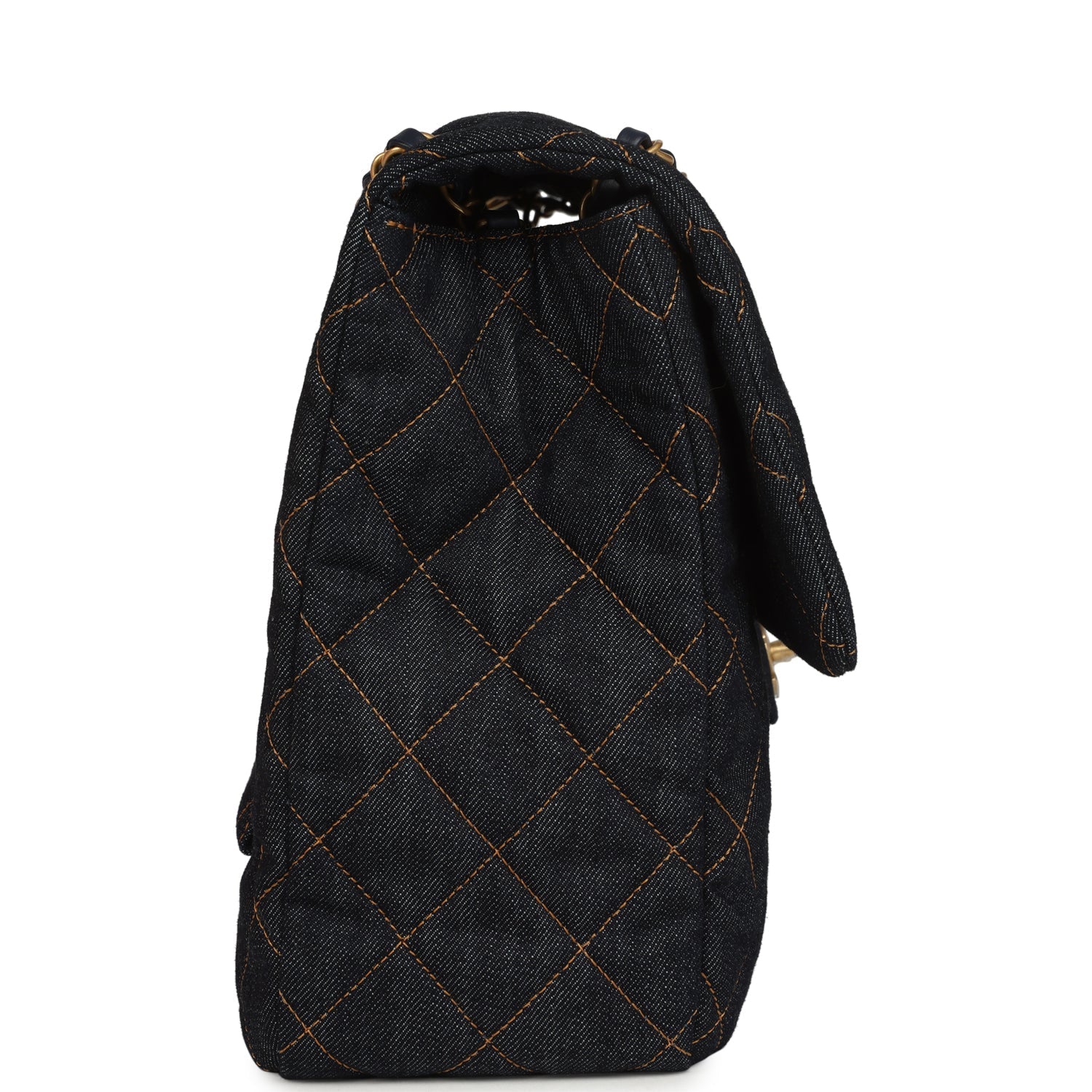 XXL Classic Single Travel Flap Bag Dark Blue Denim Brushed Gold Hardware