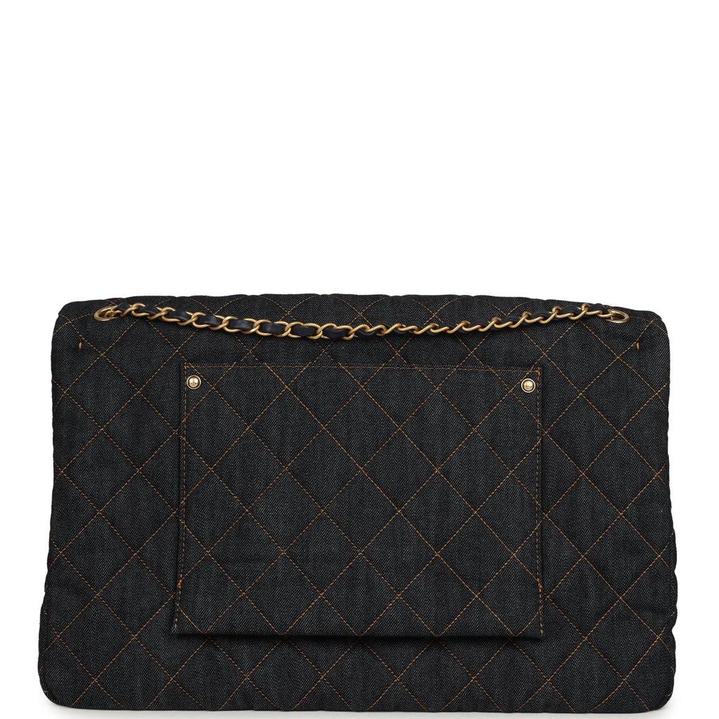 XXL Classic Single Travel Flap Bag Dark Blue Denim Brushed Gold Hardware