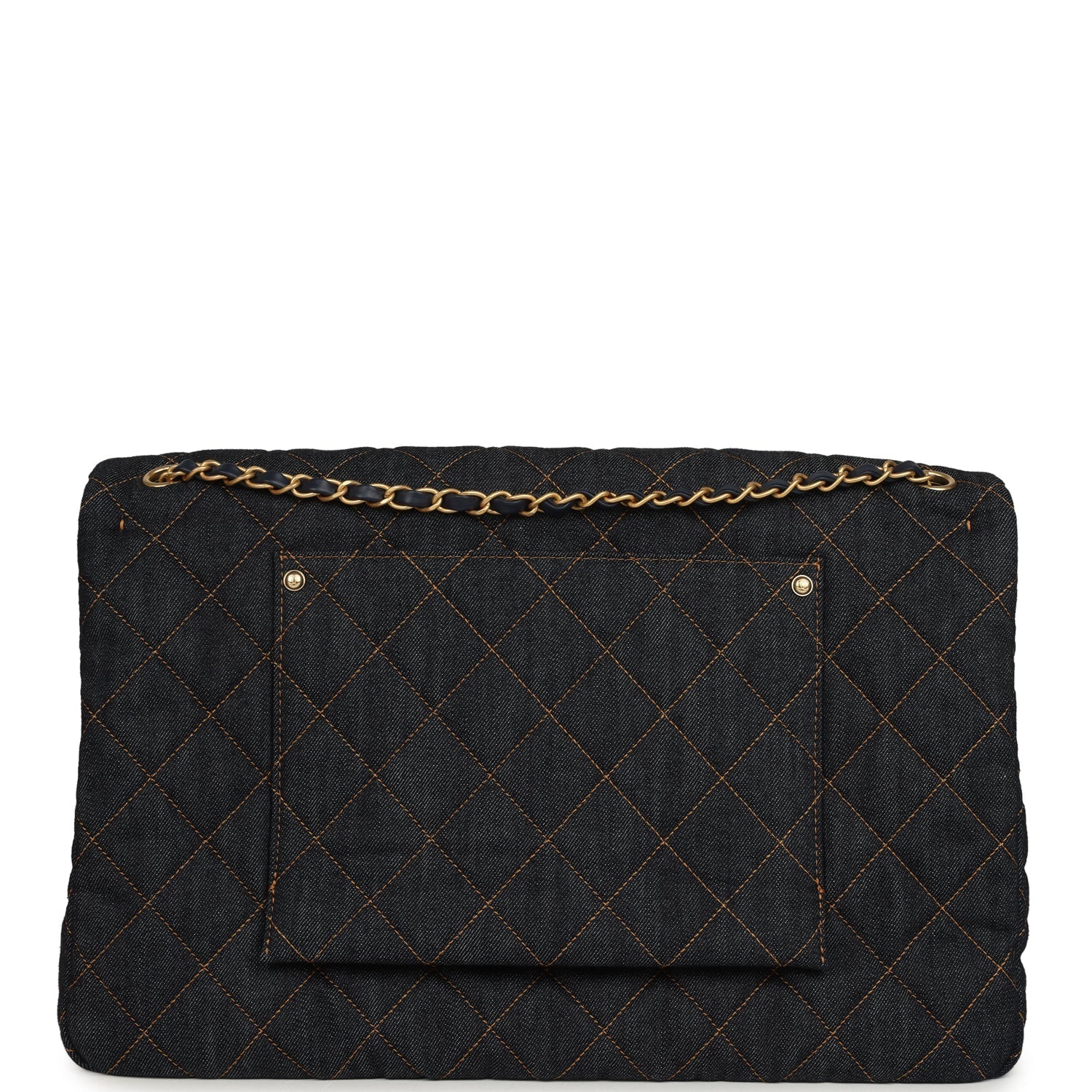 XXL Classic Single Travel Flap Bag Dark Blue Denim Brushed Gold Hardware