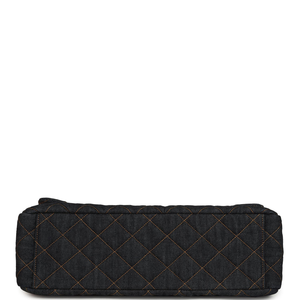 XXL Classic Single Travel Flap Bag Dark Blue Denim Brushed Gold Hardware