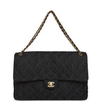 XXL Classic Single Travel Flap Bag Dark Blue Denim Brushed Gold Hardware