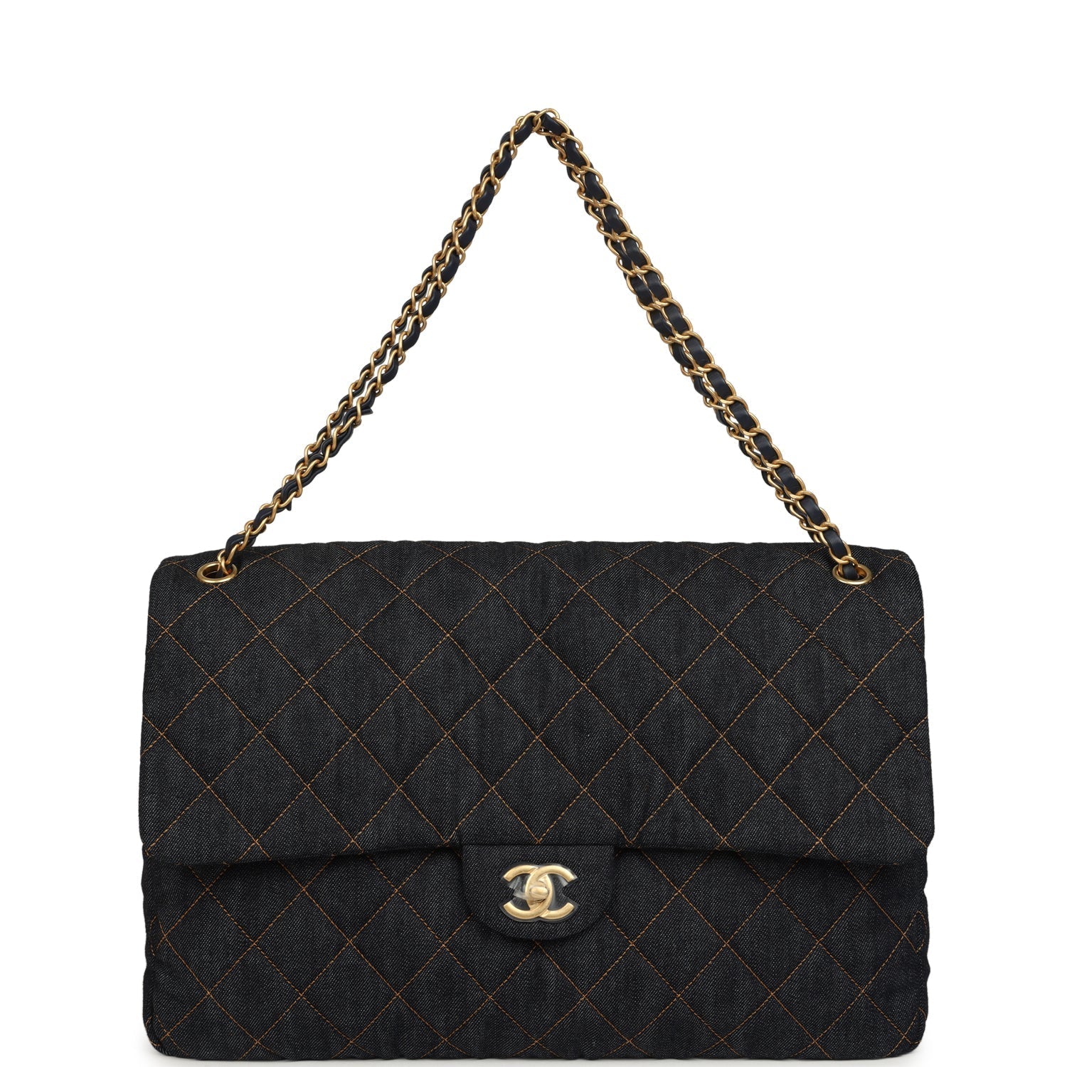 XXL Classic Single Travel Flap Bag Dark Blue Denim Brushed Gold Hardware