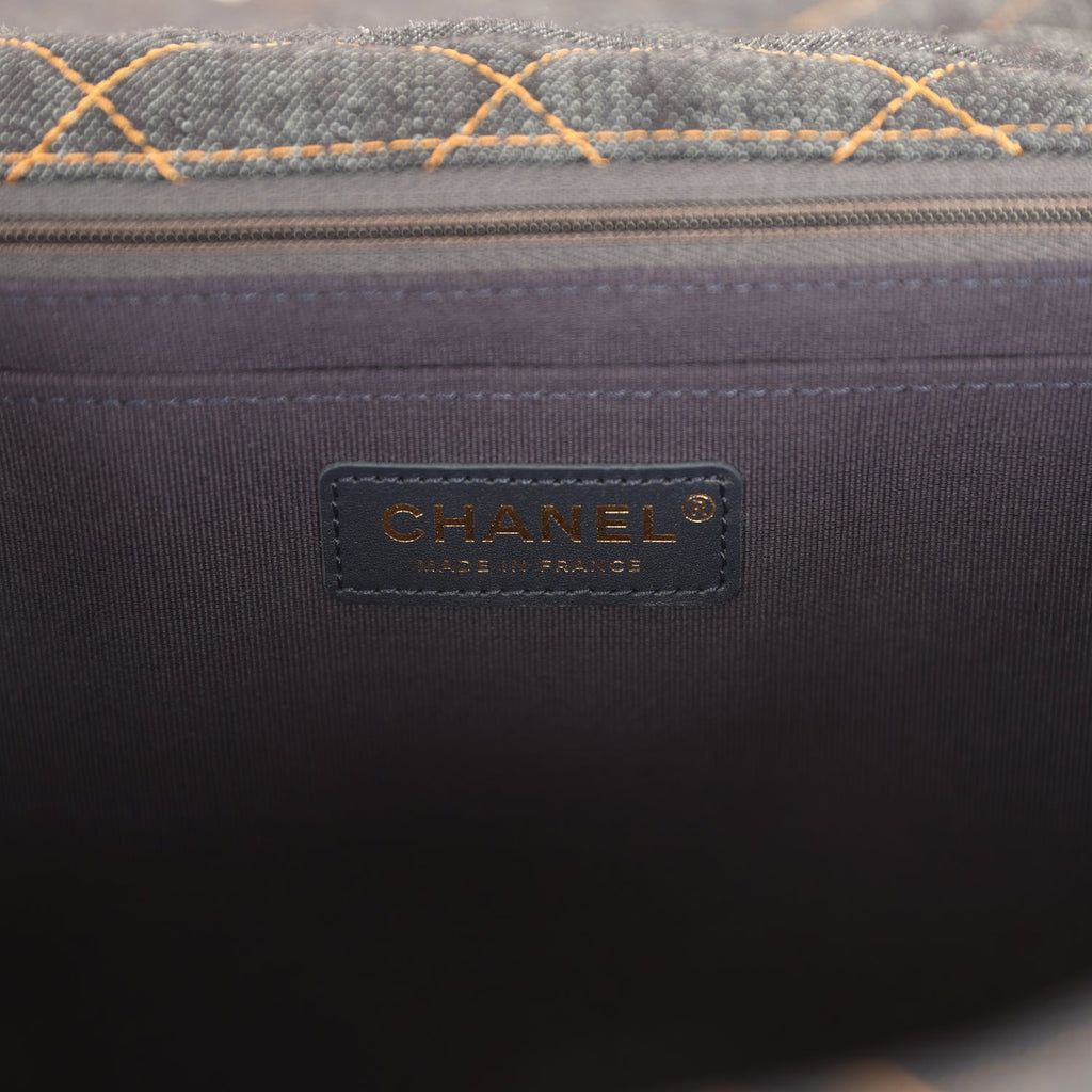XXL Classic Single Travel Flap Bag Dark Blue Denim Brushed Gold Hardware